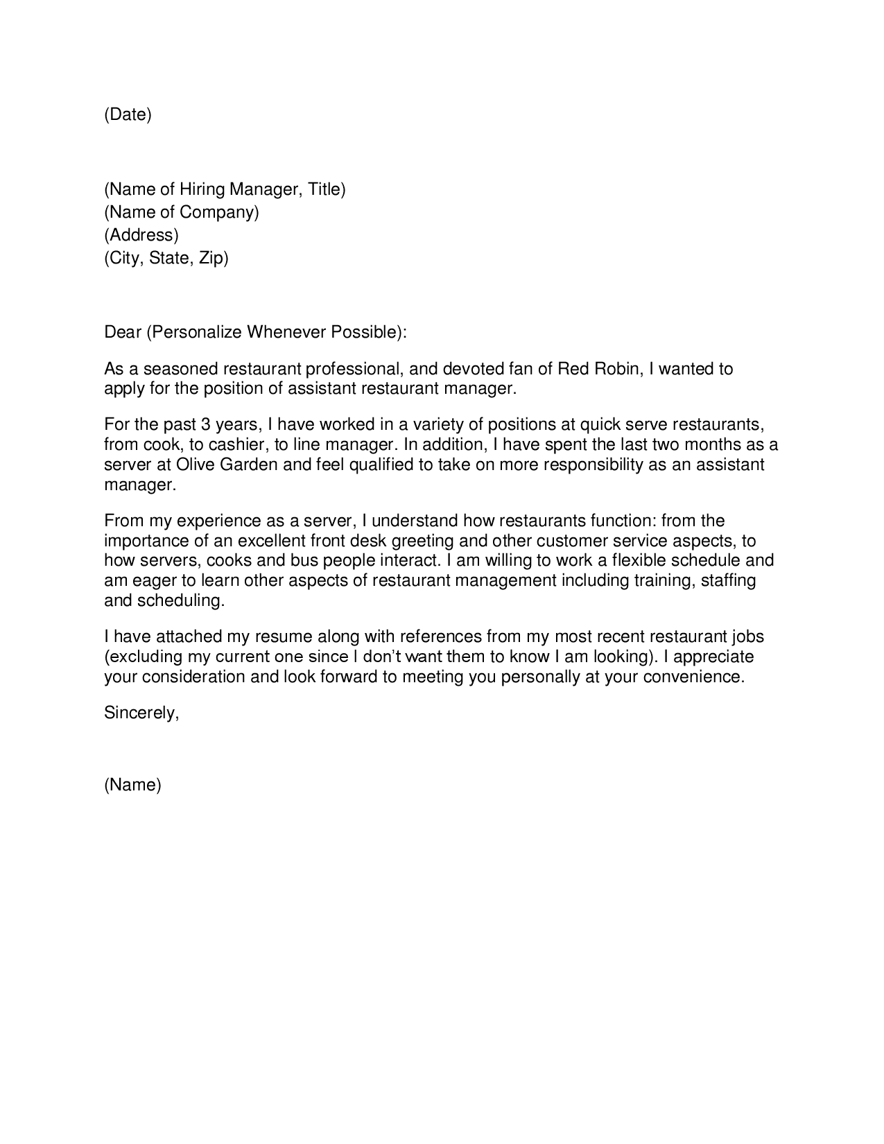 Restaurant server cover letter sample