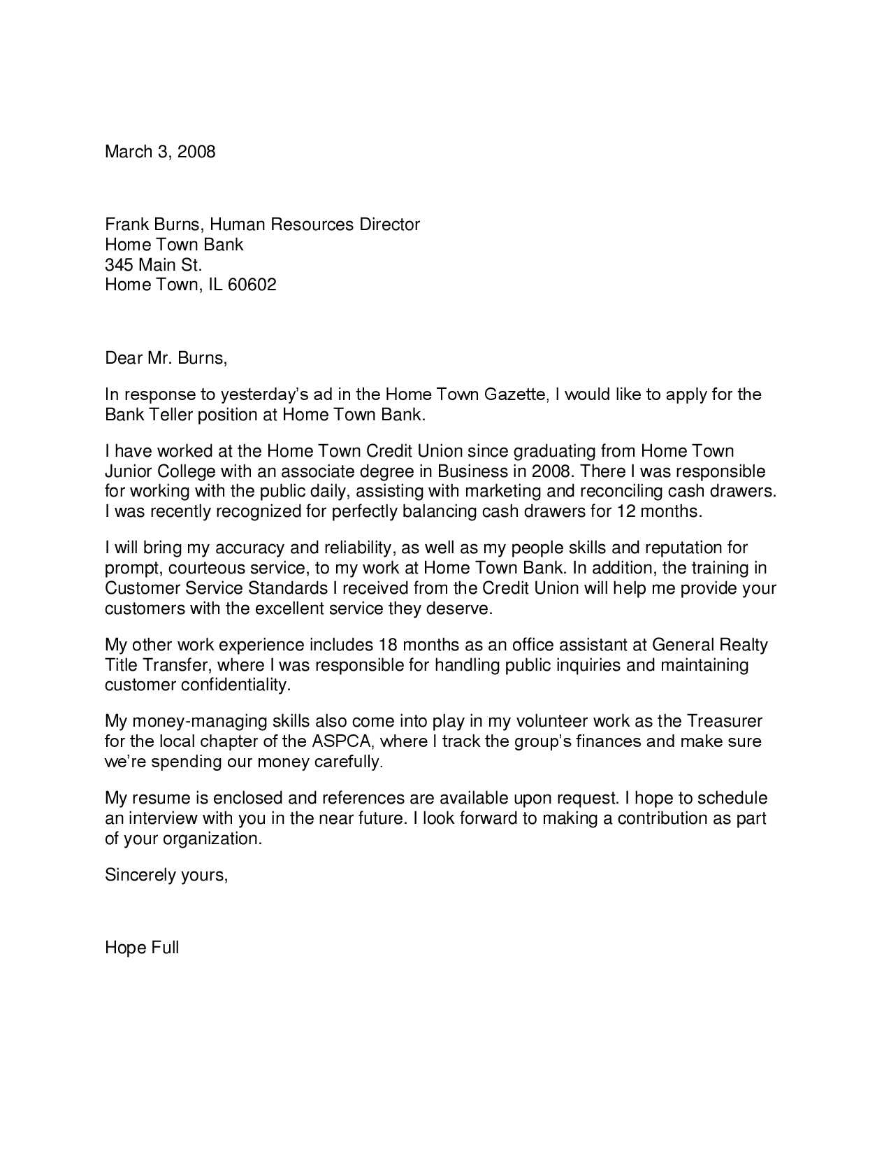 Bank Teller Cover Letter with No Experience