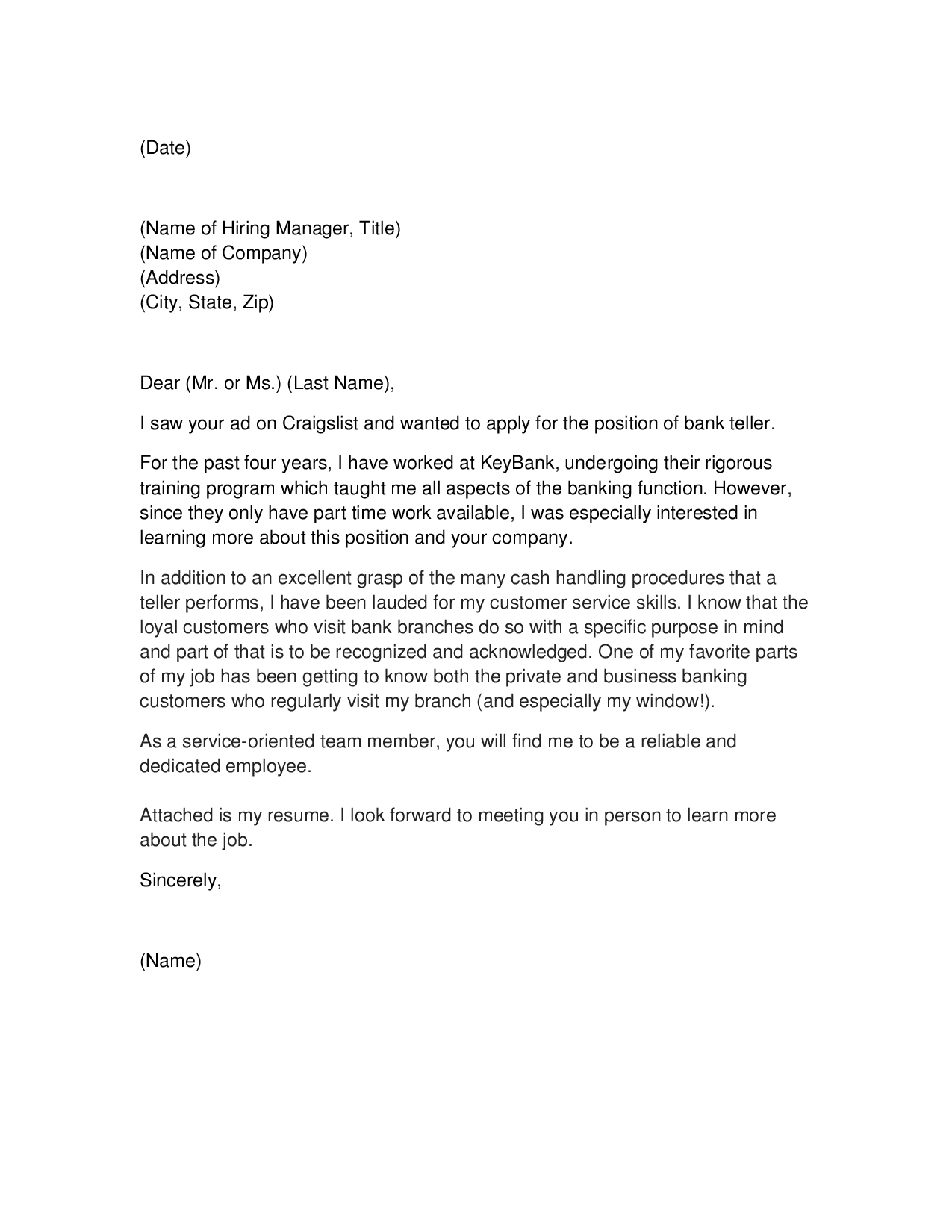 Entry level personal banker cover letter