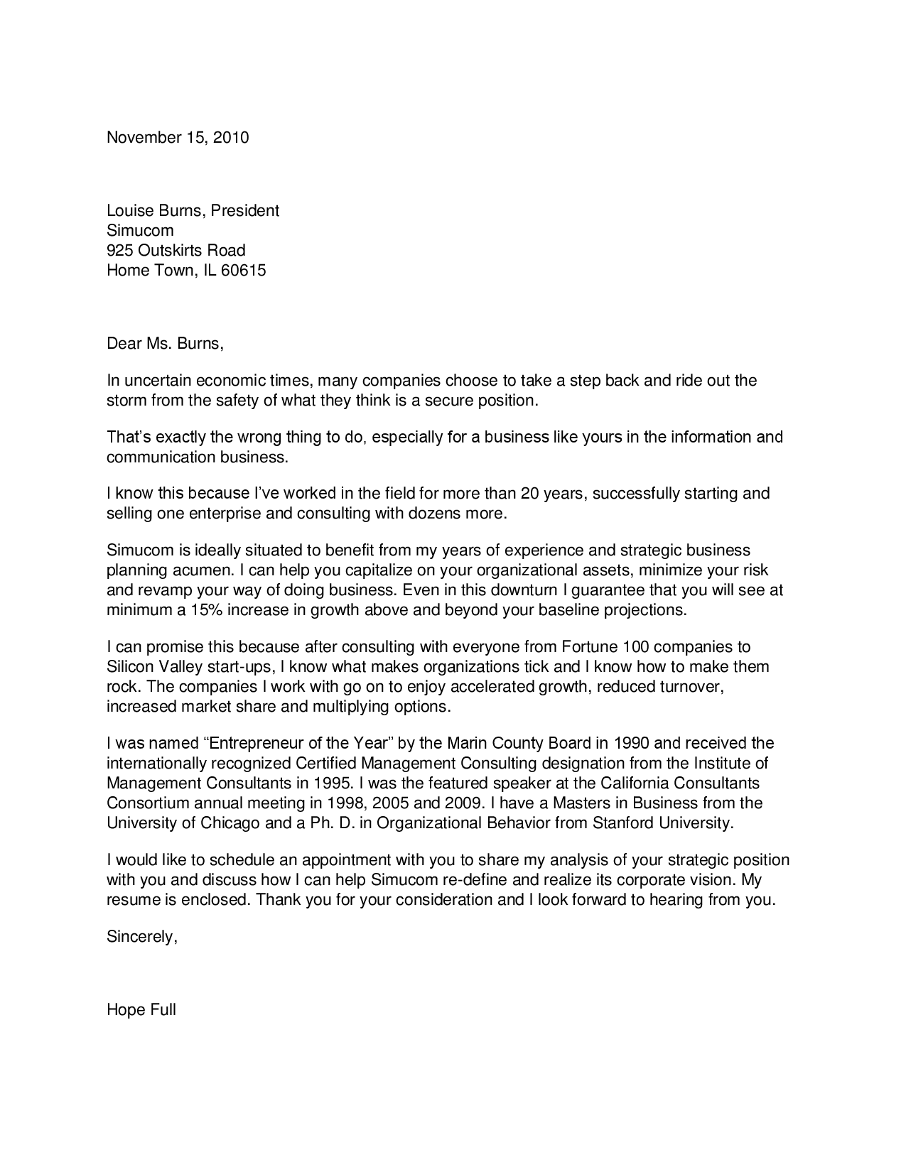 TEXT VERSION OF THE CONSULTANT COVER LETTER SAMPLE