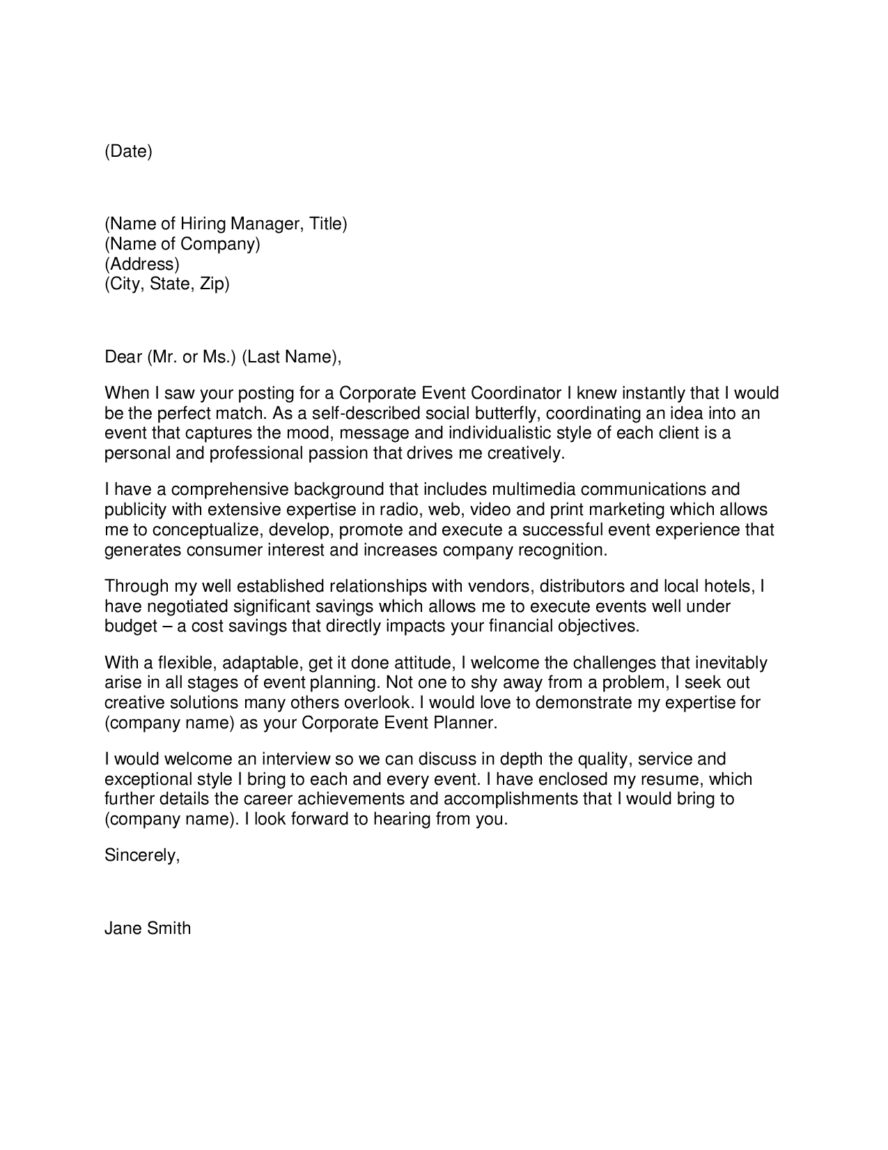TEXT VERSION OF THE EVENT COORDINATOR COVER LETTER SAMPLE