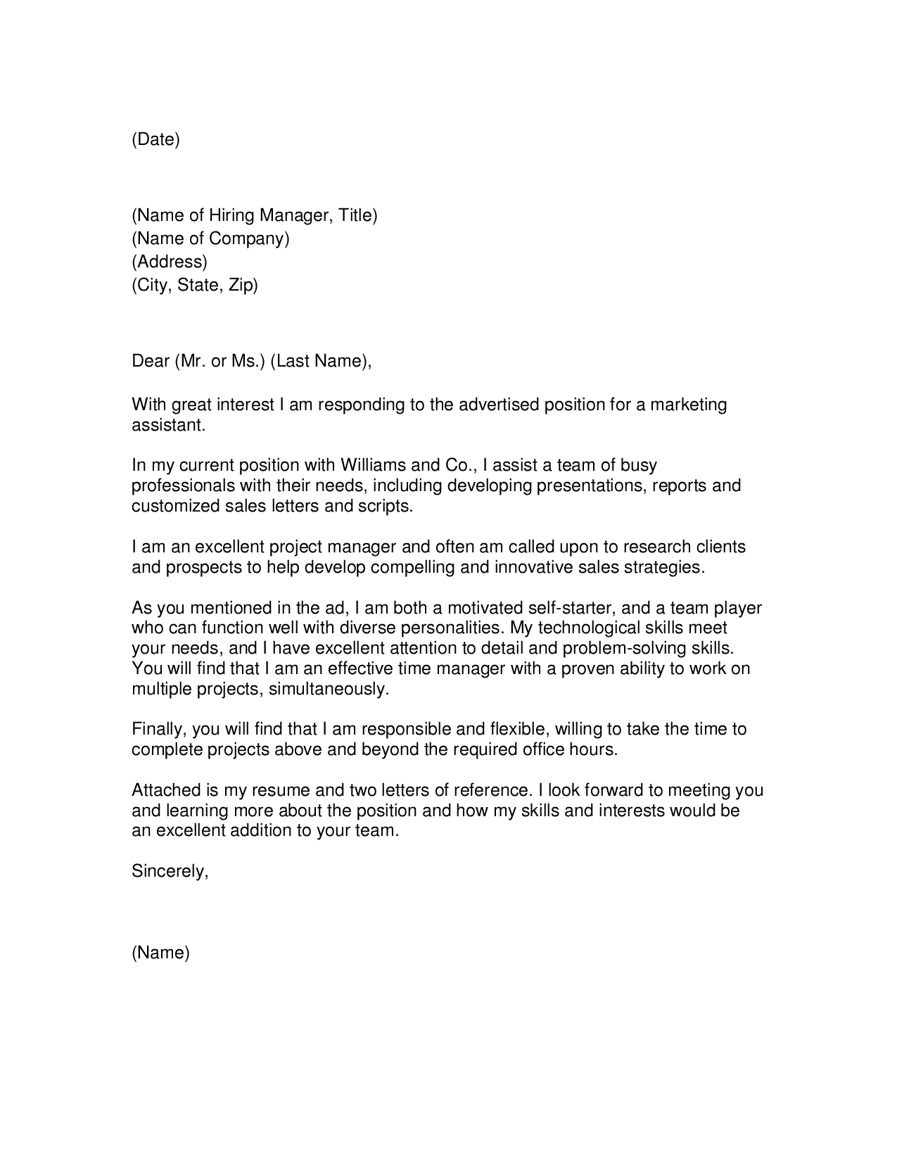 TEXT VERSION OF THE MARKETING ASSISTANT COVER LETTER SAMPLE