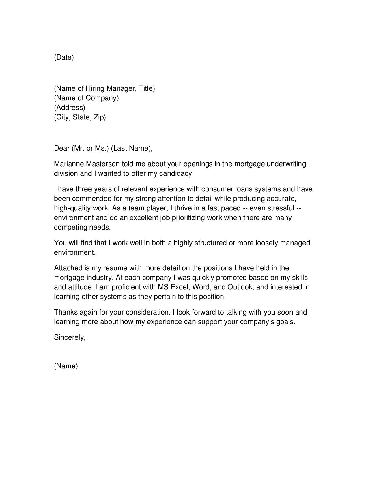 TEXT VERSION OF THE MORTGAGE UNDERWRITER COVER LETTER SAMPLE
