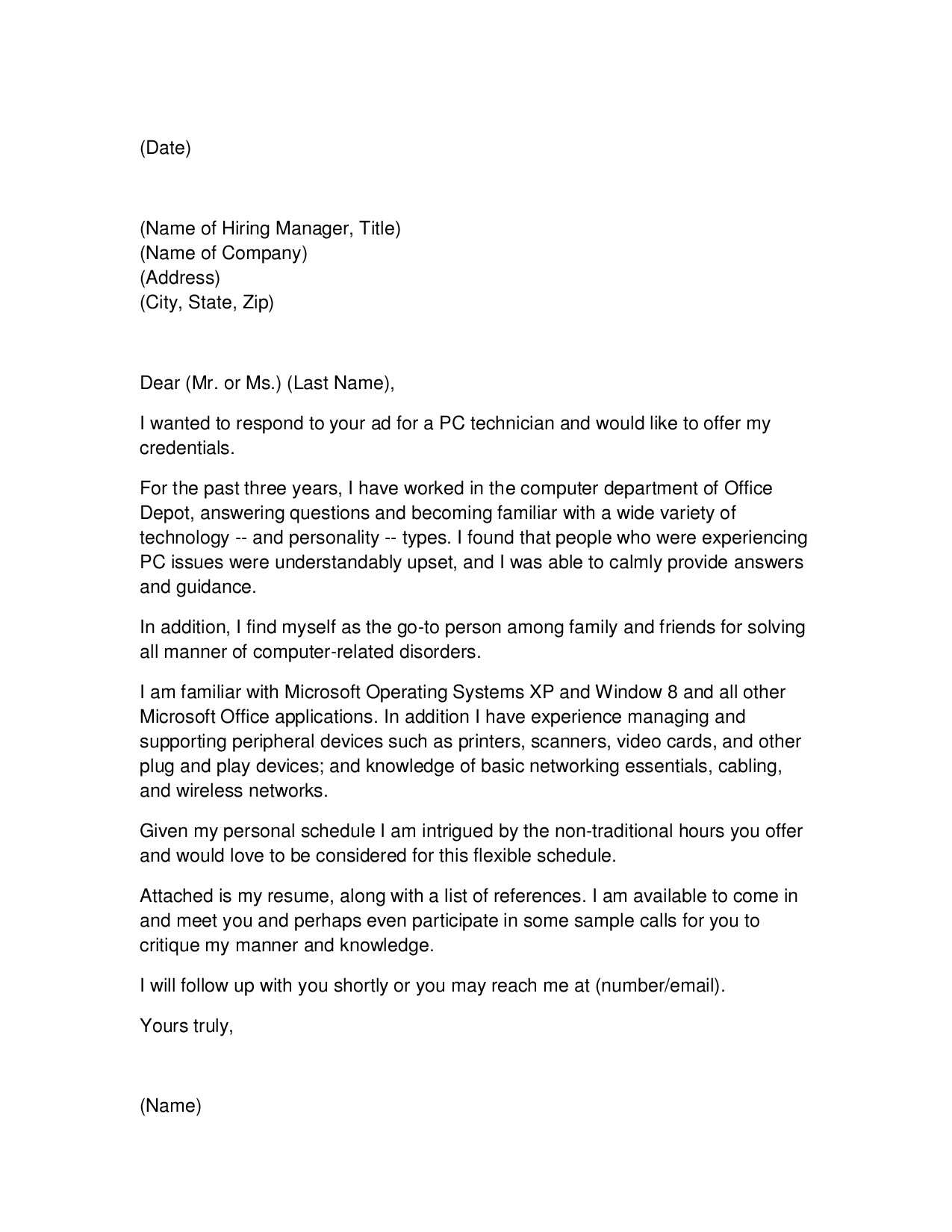 PC Technician Cover Letter