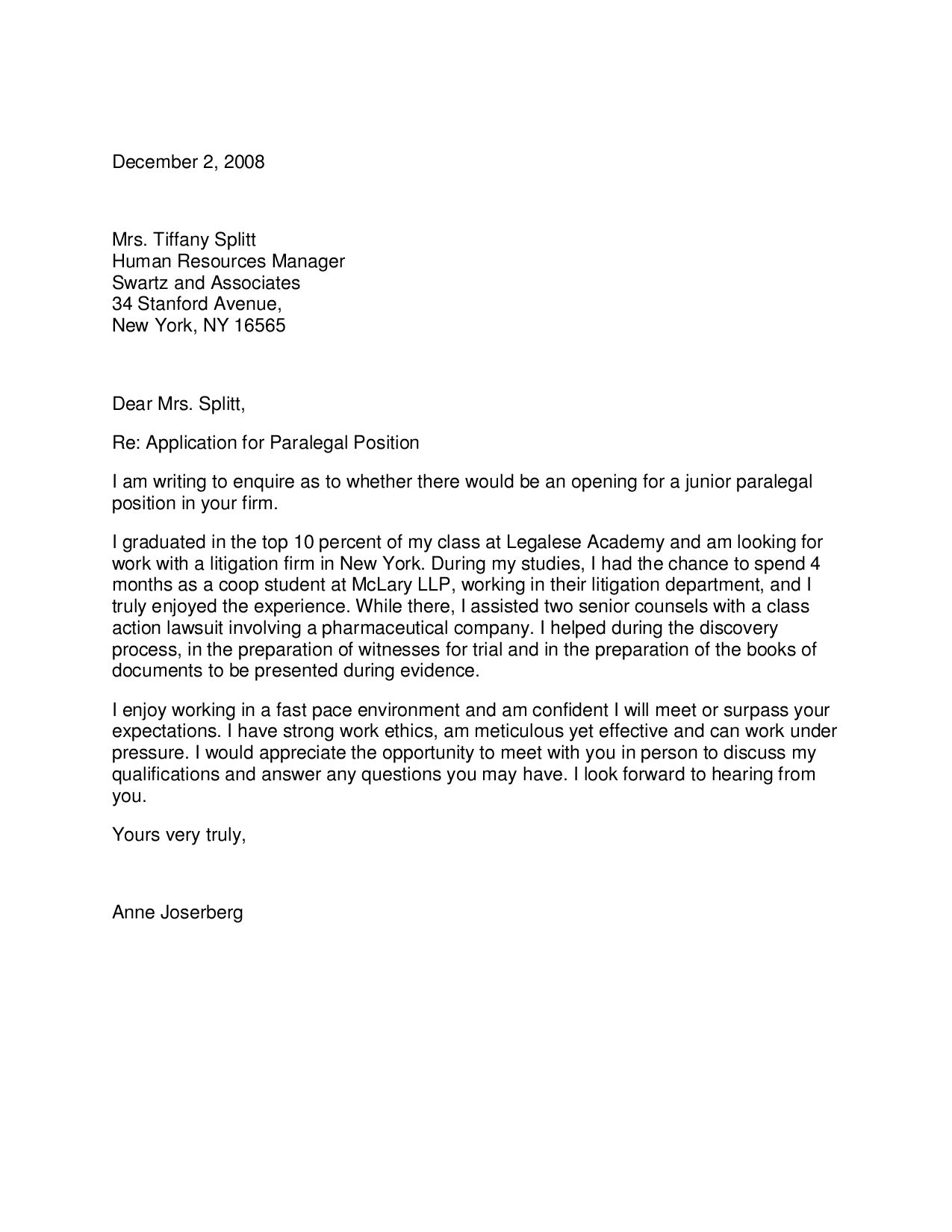 TEXT VERSION OF THE PARALEGAL COVER LETTER SAMPLE