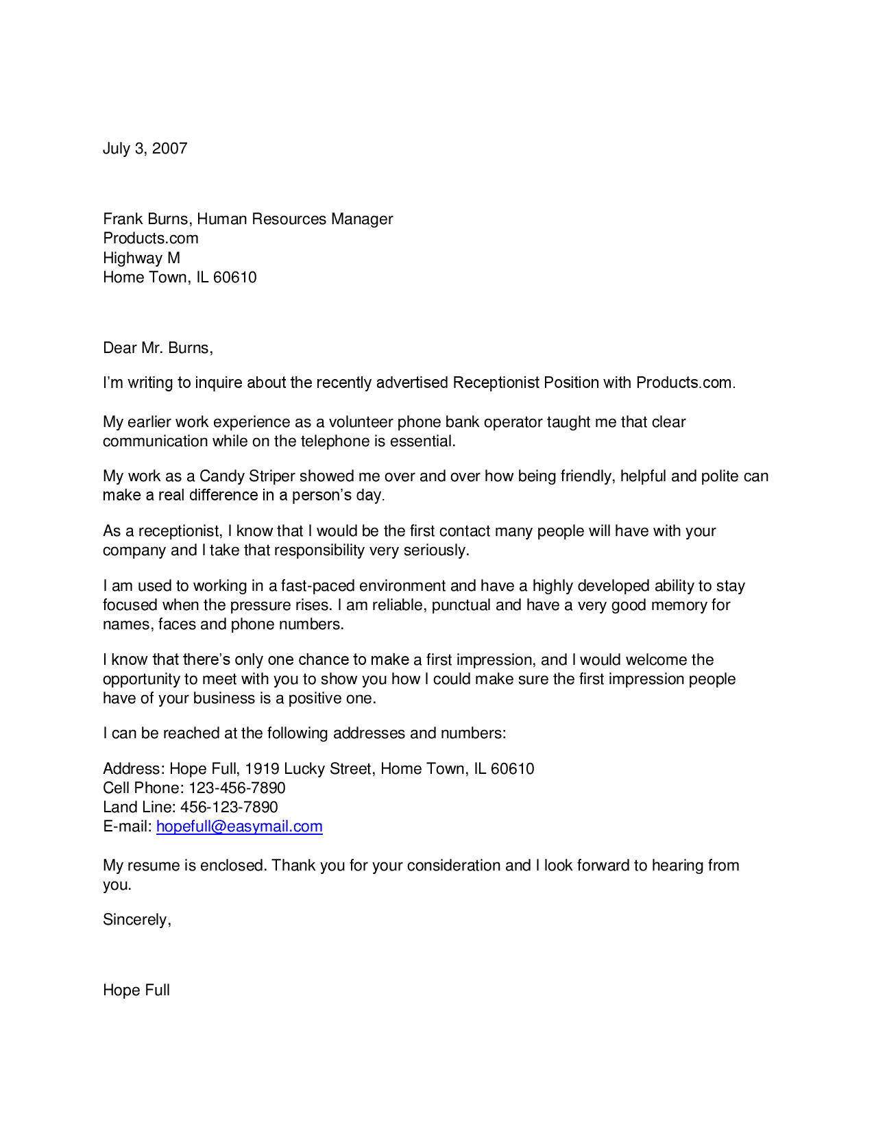 TEXT VERSION OF THE RECEPTIONIST COVER LETTER SAMPLE