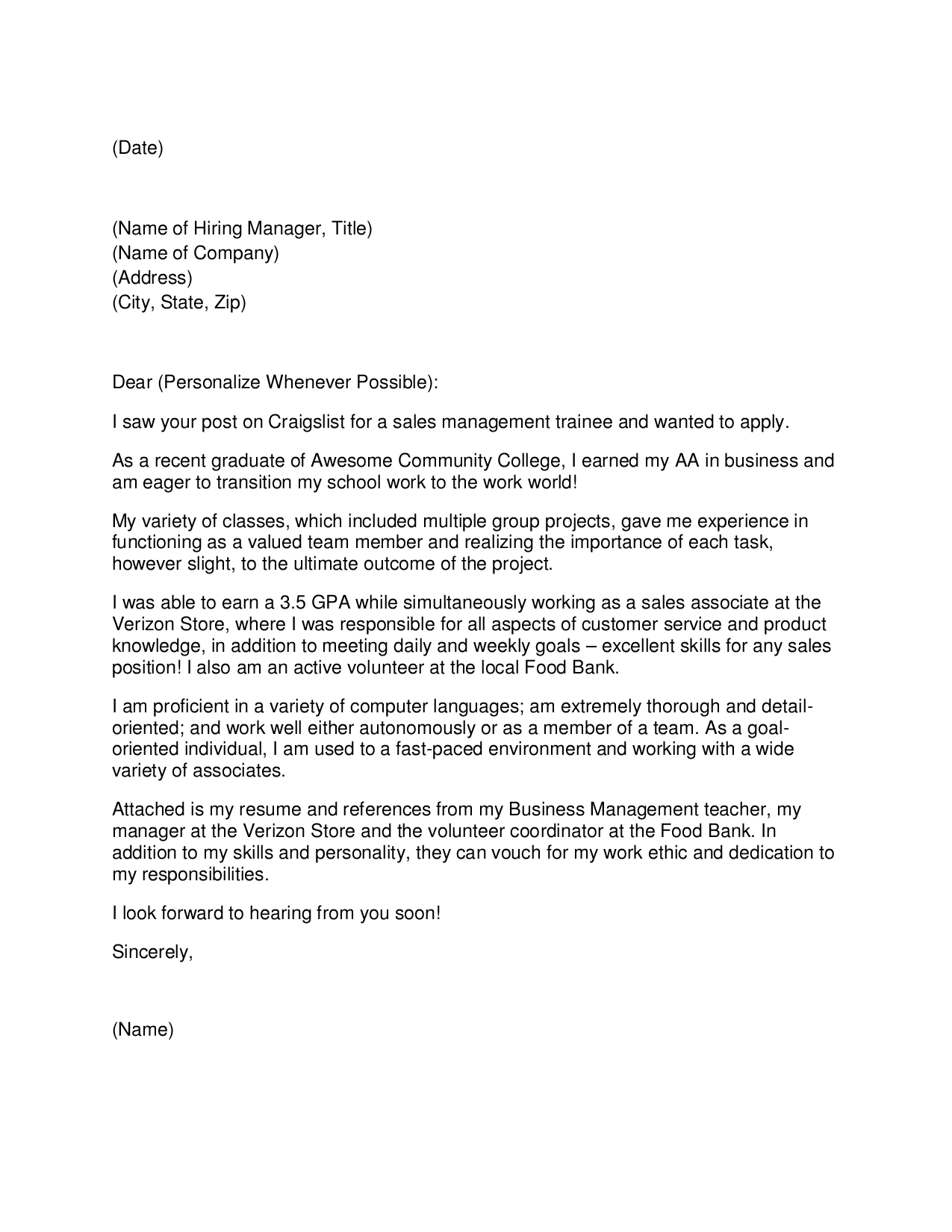 Sample cover letter for store manager position