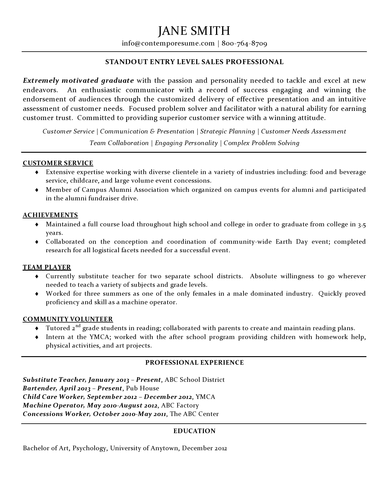 TEXT VERSION OF THE SALES PROFESSIONAL RESUME SAMPLE