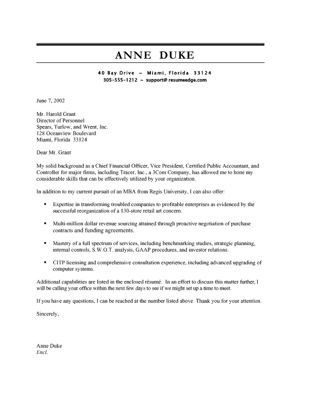 Chief Financial Officer Cover Letter