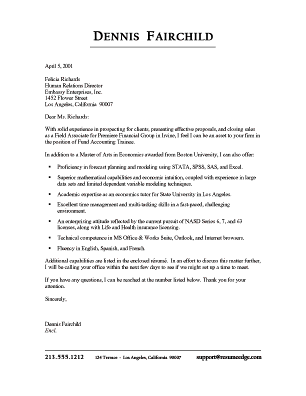 Sample financial planning cover letter