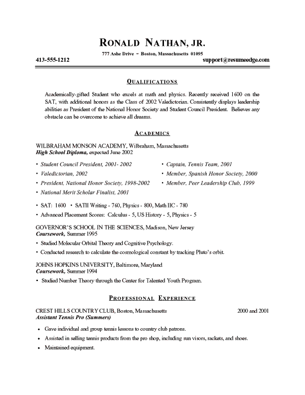TEXT VERSION OF THE COLLEGE ADMISSION RESUME SAMPLE