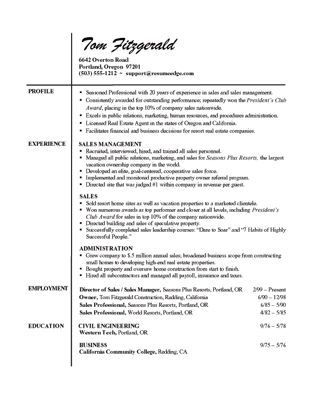 TEXT VERSION OF THE REAL ESTATE SALES PROFESSIONAL RESUME SAMPLE