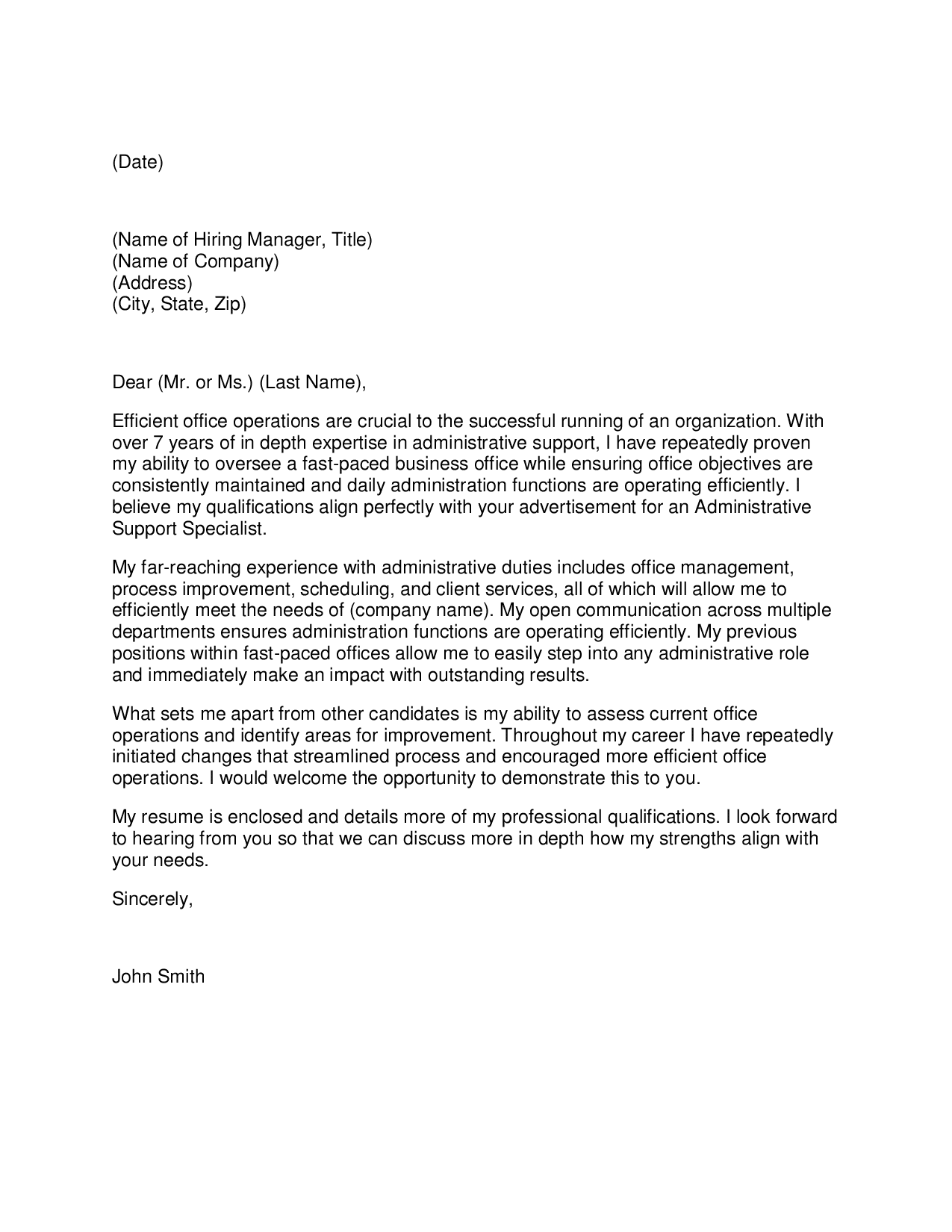 cover letter for administration support officer