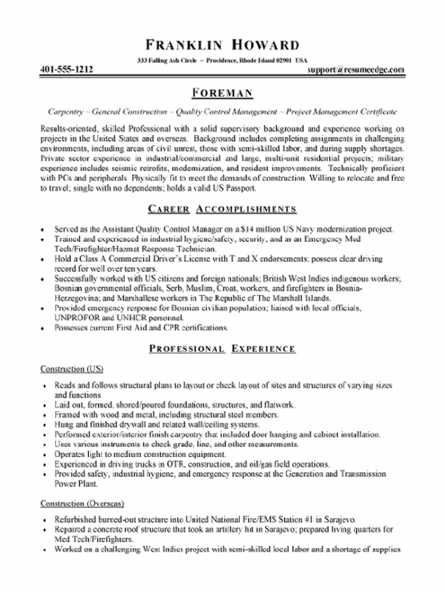 Sample job description site foreman