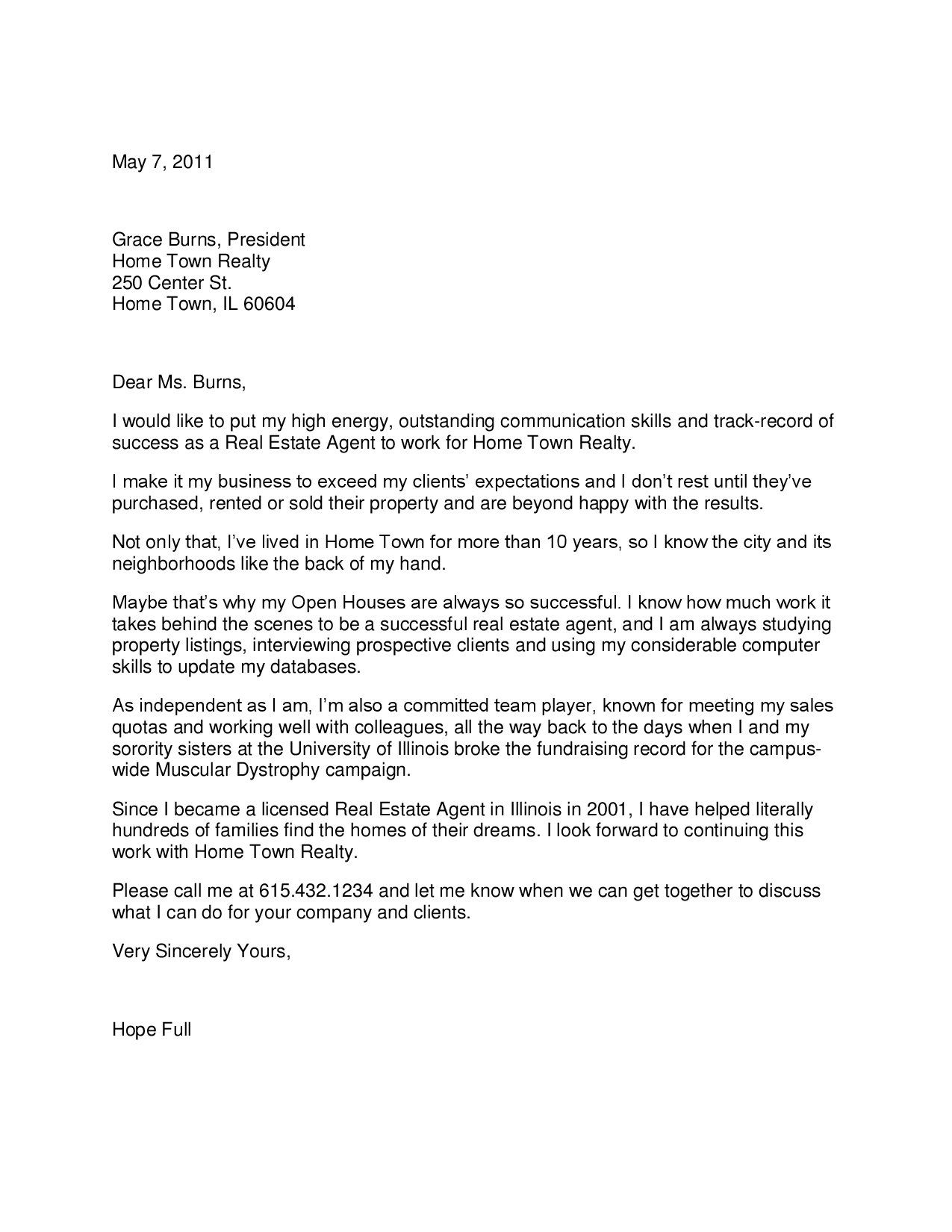 cover letter for real estate position