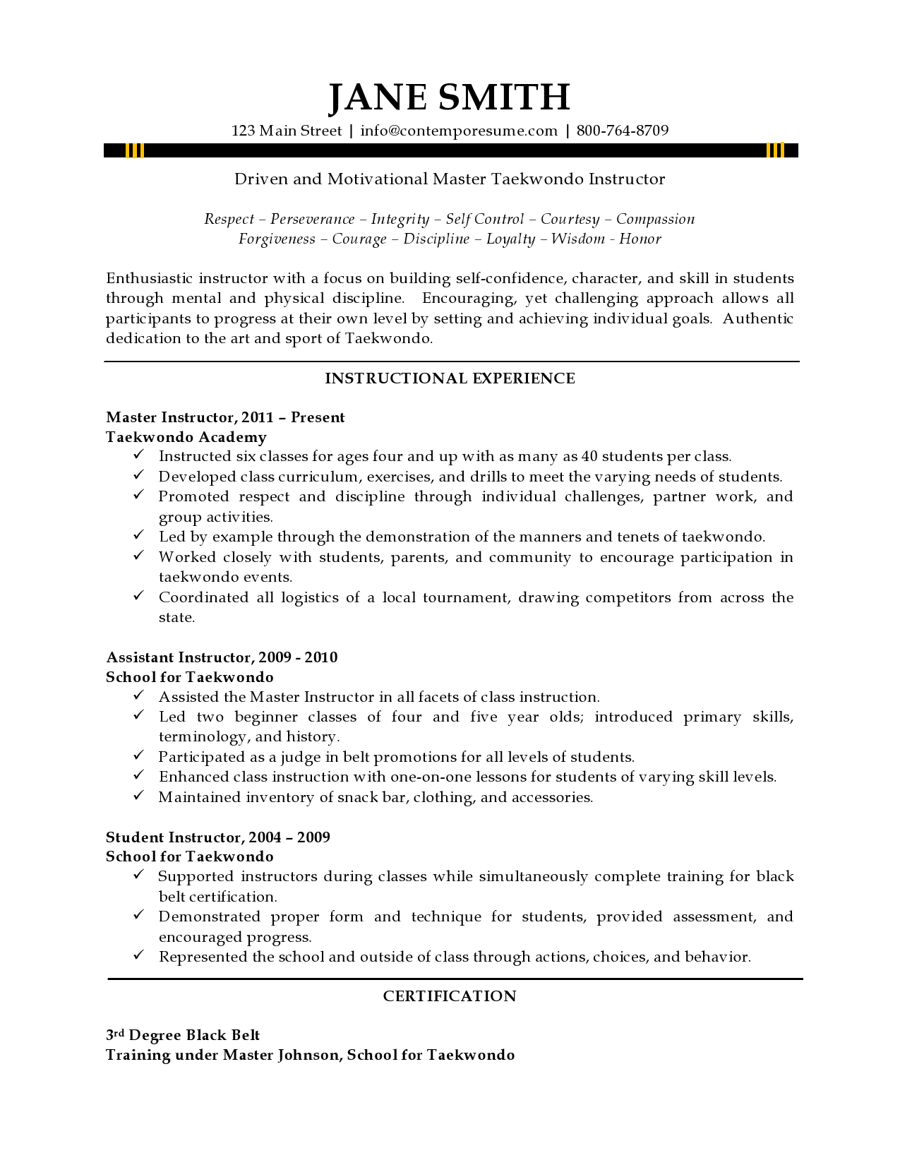 Taekwondo Instructor Resume