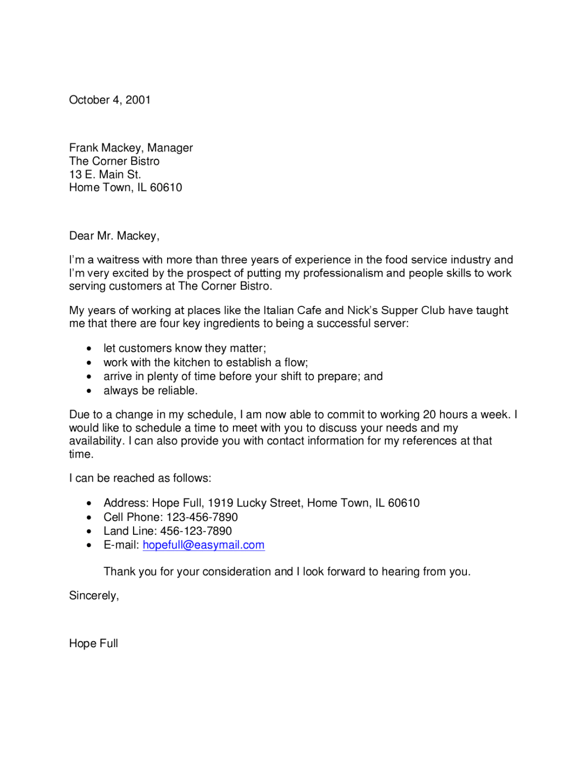 sample of waiter application letter