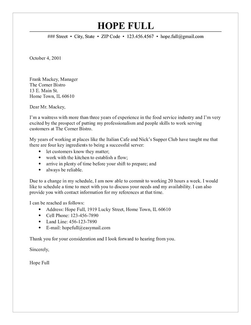 cover letter for assistant waiter position