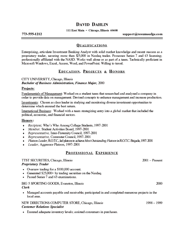 Investment Banking Analyst Resume