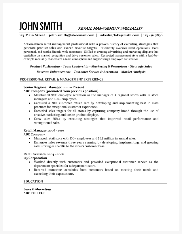 Retail Manager Resume