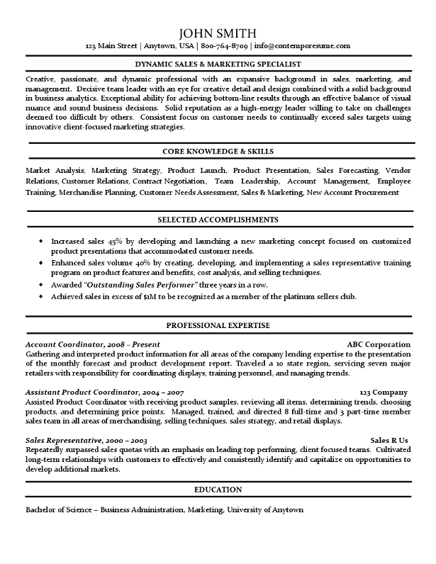 Sales & Marketing Specialist Resume (Accomplishments Section Included ...